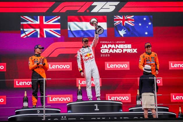 F1 - JAPANESE GRAND PRIX 2025 VERSTAPPEN Max (ned), Red Bull Racing RB21, NORRIS Lando (gbr), McLaren F1 Team MCL39, PIASTRI Oscar (aus), McLaren F1 Team MCL39, portrait, podium during the Formula 1 Lenovo Japanese Grand Prix 2025, 3rd round of the 2025 FIA Formula One World Championship, WM, Weltmeisterschaft from April 4 to 6, 2025 on the Suzuka Circuit, in Suzuka, Japan - SuzukaJapan Copyright: xEricxAlonsox