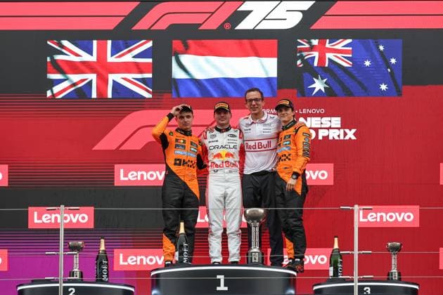 (250406) -- SUZUKA, April 6, 2025 -- Winner Red Bull Racing s Dutch driver Max Verstappen (2nd L) poses with second-placed McLaren s British driver Lando Norris (1st L) and third-placed McLaren s Australian driver Oscar Piastri (1st R) on the podium after the Formula One Japanese Grand Prix 2025 at the Suzuka Circuit in Suzuka, Japan, April 6, 2025. (Photo by Xinhua) (SP)JAPAN-SUZUKA-F1-GRAND PRIX-RACE QianxJun 