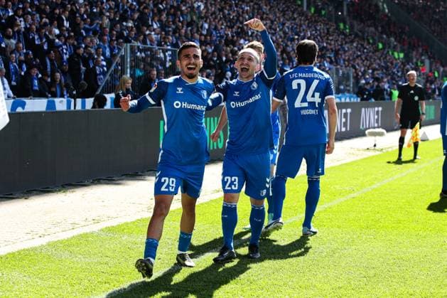 Torjubel - Torschütze Baris Atik (1. FC Magdeburg,23) trifft zum 1-0 mit Livan Burcu (1. FC Magdeburg,29) - 2. Fußball Bundesliga Saison 2024-2025 1. FC Magdeburg vs. 1. FC Kaiserslautern in der Avnet Arena in Magdeburg - Aktion,Fußball,Mann,Männer,Deutschland,06.04.2025