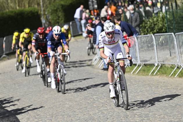 Slovenian Tadej Pogacar of UAE Team Emirates pictured in action during the men s race of the Ronde van Vlaanderen Tour des Flandres Tour of Flanders one day cycling race, 268,9km from Brugge to Oudenaarde, Sunday 06 April 2025. POOLxJANxDExMEULENEIR  x119624901x