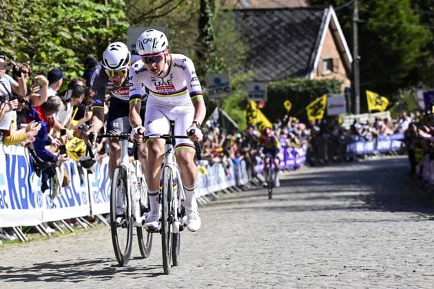 Slovenian Tadej Pogacar of UAE Team Emirates pictured in action on Oude Kruisberg during the men s race of the Ronde van Vlaanderen Tour des Flandres Tour of Flanders one day cycling race, 268,9km from Brugge to Oudenaarde, Sunday 06 April 2025. DIRKxWAEM  x119624987x