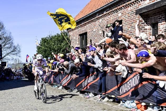 Slovenian Tadej Pogacar of UAE Team Emirates pictured in action on Oude Kwaremont during the men s race of the Ronde van Vlaanderen Tour des Flandres Tour of Flanders one day cycling race, 268,9km from Brugge to Oudenaarde, Sunday 06 April 2025. DIRKxWAEM  x119627356x