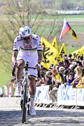 Slovenian Tadej Pogacar of UAE Team Emirates pictured in action on Paterberg during the men s race of the Ronde van Vlaanderen Tour des Flandres Tour of Flanders one day cycling race, 268,9km from Brugge to Oudenaarde, Sunday 06 April 2025. DIRKxWAEM  x119628126x