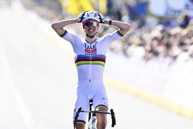 Slovenian Tadej Pogacar of UAE Team Emirates wins the men s race of the Ronde van Vlaanderen Tour des Flandres Tour of Flanders one day cycling race, 268,9km from Brugge to Oudenaarde, Sunday 06 April 2025. ERICxLALMAND  x119635324x
