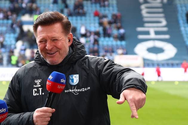 06.04.2025, xmohx, Fussball 2.Bundesliga, 1.FC Magdeburg - 1.FC Kaiserslautern v.l. Trainer Coach Christian Titz (1.FC Magdeburg) (DFL DFB REGULATIONS PROHIBIT ANY USE OF PHOTOGRAPHS as IMAGE SEQUENCES and or QUASI-VIDEO) Magdeburg