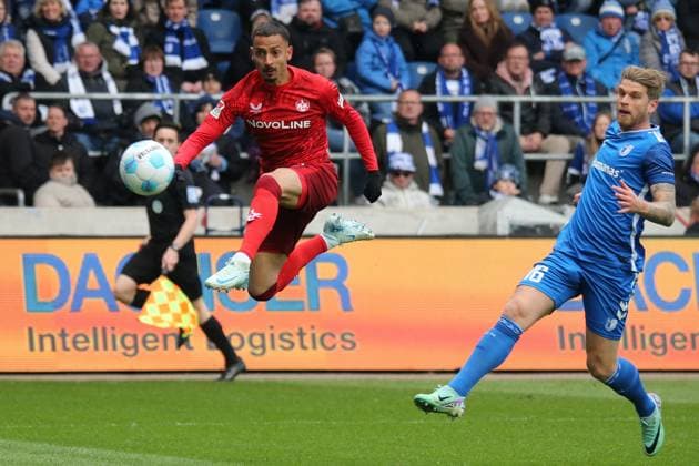 06.04.2025, xmohx, Fussball 2.Bundesliga, 1.FC Magdeburg - 1.FC Kaiserslautern v.l. Kevin Prince Redondo (1. FC Kaiserslautern) Marcu Mathisen (1.FC Magdeburg) Zweikampf, Aktion, action, battle for the ball (DFL DFB REGULATIONS PROHIBIT ANY USE OF PHOTOGRAPHS as IMAGE SEQUENCES and or QUASI-VIDEO) Magdeburg