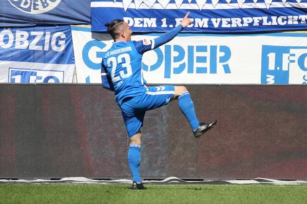 06.04.2025, xmohx, Fussball 2.Bundesliga, 1.FC Magdeburg - 1.FC Kaiserslautern v.l. Torjubel nach dem Tor zum celebrating the goal celebrate 1:0 durch Baris Atik (1.FC Magdeburg) (DFL DFB REGULATIONS PROHIBIT ANY USE OF PHOTOGRAPHS as IMAGE SEQUENCES and or QUASI-VIDEO) Magdeburg