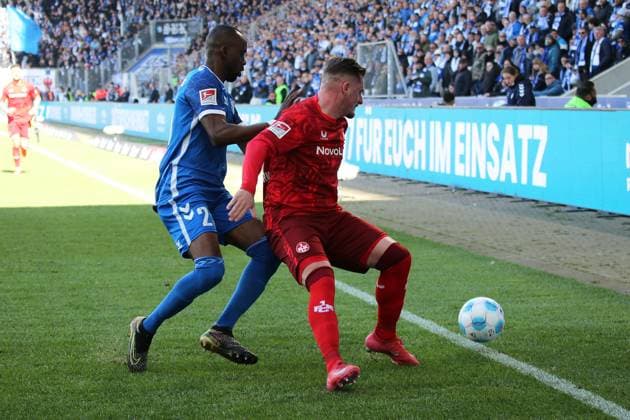 06.04.2025, xmohx, Fussball 2.Bundesliga, 1.FC Magdeburg - 1.FC Kaiserslautern v.l. Silas Gnaka (1.FC Magdeburg) Marlon Ritter (1. FC Kaiserslautern) Zweikampf, Aktion, action, battle for the ball (DFL DFB REGULATIONS PROHIBIT ANY USE OF PHOTOGRAPHS as IMAGE SEQUENCES and or QUASI-VIDEO) Magdeburg
