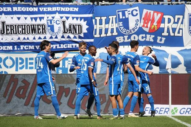 06.04.2025, xmohx, Fussball 2.Bundesliga, 1.FC Magdeburg - 1.FC Kaiserslautern v.l. Torjubel nach dem Tor zum celebrating the goal celebrate 1:0 durch Baris Atik (1.FC Magdeburg) (DFL DFB REGULATIONS PROHIBIT ANY USE OF PHOTOGRAPHS as IMAGE SEQUENCES and or QUASI-VIDEO) Magdeburg