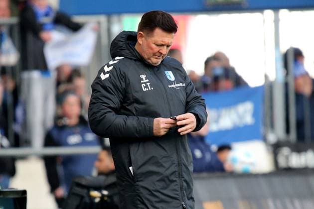 06.04.2025, xmohx, Fussball 2.Bundesliga, 1.FC Magdeburg - 1.FC Kaiserslautern v.l. Trainer Coach Christian Titz (1.FC Magdeburg) (DFL DFB REGULATIONS PROHIBIT ANY USE OF PHOTOGRAPHS as IMAGE SEQUENCES and or QUASI-VIDEO) Magdeburg