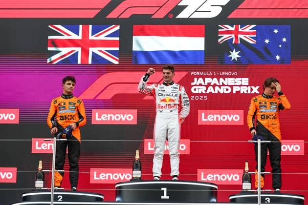 F1 Grand Prix Of Japan - Race Lando Norris of Great Britain and McLaren, race winner Max Verstappen of the Netherlands, and third-placed Oscar Piastri of Australia and McLaren stand on the podium during the F1 Grand Prix of Japan at Suzuka Circuit in Suzuka, Japan, on April 6, 2025. Suzuka Mie Japan  Copyright: xPaddockerx originalFilename:paddocker-f1grandp250406_npeEy.jpg
