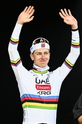 Slovenian Tadej Pogacar of UAE Team Emirates celebrates on the podium after winning the men s race of the Ronde van Vlaanderen Tour des Flandres Tour of Flanders one day cycling race, 268,9km from Brugge to Oudenaarde, Sunday 06 April 2025. ERICxLALMAND  x119651916x