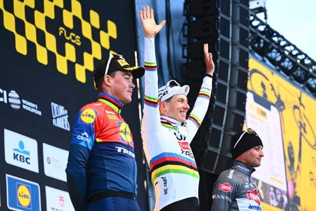 Ronde van Vlaanderen 2025 - Men Elite OUDENAARDE, BELGIUM - APRIL 06 : Pedersen Mads (DEN) of Lidl - Trek, Pogacar Tadej (SLO) of UAE Team Emirates - XRG and Van Der Poel Mathieu (NED) of Alpecin-Deceuninck pictured during the podium ceremony of the 109th edition of the Ronde van Vlaanderen, an UCI World Tour cycling race for Men Elite with start in Bruges and finish in Oudenaarde after 268,9 km on April 6, 2025 in Oudenaarde, Belgium, 06 04 2025 ( Motor drive Guy De Vuyst - Oudenaarde Belgium  Copyright: xGregoryxVanxGansenx