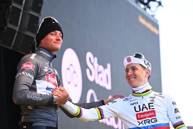 Ronde van Vlaanderen 2025 - Men Elite OUDENAARDE, BELGIUM - APRIL 06 : Pogacar Tadej (SLO) of UAE Team Emirates - XRG and Van Der Poel Mathieu (NED) of Alpecin-Deceuninck pictured during the podium ceremony of the 109th edition of the Ronde van Vlaanderen, an UCI World Tour cycling race for Men Elite with start in Bruges and finish in Oudenaarde after 268,9 km on April 6, 2025 in Oudenaarde, Belgium, 06 04 2025 ( Motor drive Guy De Vuyst - Oudenaarde Belgium  Copyright: xGregoryxVanxGansenx