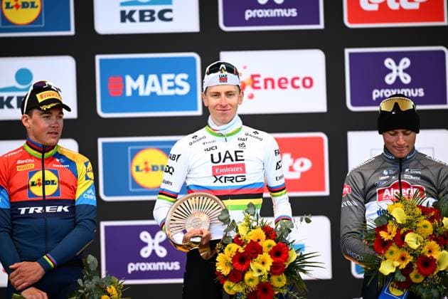Ronde van Vlaanderen 2025 - Men Elite OUDENAARDE, BELGIUM - APRIL 06 : Van Der Poel Mathieu (NED) of Alpecin - Deceuninck, Pogacar Tadej (SLO) of UAE Team Emirates - XRG, Pedersen Mads (DEN) of Lidl - Trek on th epodium after the 109th edition of the Ronde van Vlaanderen, an UCI World Tour cycling race for Men Elite with start in Bruges and finish in Oudenaarde after 268,9 km on April 6, 2025 in Oudenaarde, Belgium, 06 04 2025 Oudenaarde Belgium  Copyright: xTomasxSiskx