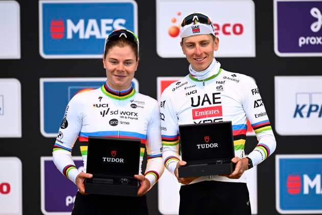 Ronde van Vlaanderen 2025 - Men Elite OUDENAARDE, BELGIUM - APRIL 06 : Kopecky Lotte (BEL) of Team SD Worx - Protime and Pogacar Tadej (SLO) of UAE Team Emirates - XRG pictured during the podium ceremony of the 22th edition of the Ronde van Vlaanderen for Women Elite, an UCI Women s World Tour cycling race organized by Flanders Classics with start and finish in Oudenaarde after 168,8 km on April 6, 2025 in Oudenaarde, Belgium, 06 04 2025 Oudenaarde Belgium  Copyright: xTomasxSiskx