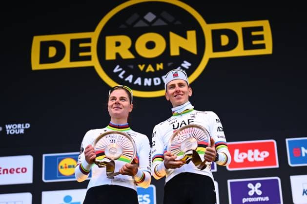 Ronde van Vlaanderen 2025 - Men Elite OUDENAARDE, BELGIUM - APRIL 06 : Kopecky Lotte (BEL) of Team SD Worx - Protime and Pogacar Tadej (SLO) of UAE Team Emirates - XRG celebrate on the podium after the 109th edition of the Ronde van Vlaanderen, an UCI World Tour cycling race for Men Elite with start in Bruges and finish in Oudenaarde after 268,9 km on April 6, 2025 in Oudenaarde, Belgium, 06 04 2025 ( Motor drive Guy De Vuyst - Oudenaarde Belgium  Copyright: xGregoryxVanxGansenx