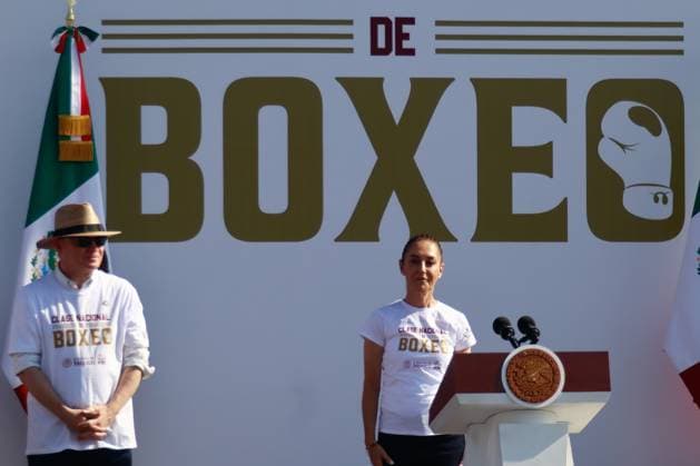 April 6, 2025, Mexico City, Ciudad de Mexico, Mexico: MexicoÃ¢â‚¬â ¢s President, Claudia Sheinbaum Pardo, speaks during the National Boxing Class at main square Zocalo. on April 6, 2025 in Mexico City, Mexico. Mexico City Mexico - ZUMAe321 20250406_zsa_e321_013 Copyright: xCarlosxSantiagox