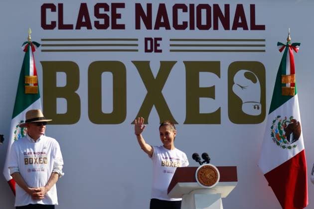 April 6, 2025, Mexico City, Ciudad de Mexico, Mexico: MexicoÃ¢â‚¬â ¢s President, Claudia Sheinbaum Pardo, speaks during the National Boxing Class at main square Zocalo. on April 6, 2025 in Mexico City, Mexico. Mexico City Mexico - ZUMAe321 20250406_zsa_e321_021 Copyright: xCarlosxSantiagox