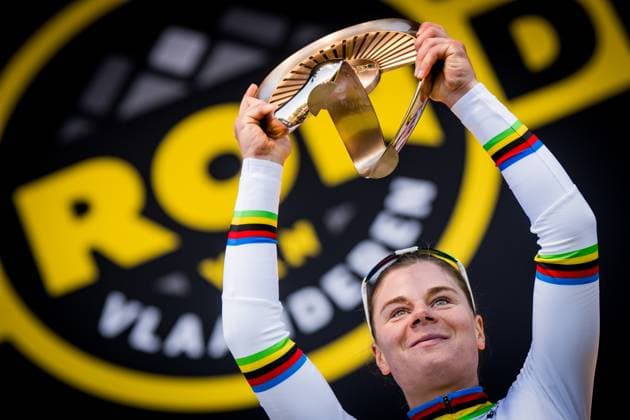 Belgian Lotte Kopecky of SD Worx-Protime celebrates on the podium after winning the women s race of the Ronde van Vlaanderen Tour des Flandres Tour of Flanders one day cycling race, 168,8k with start and finish in Oudenaarde, Sunday 06 April 2025. JASPERxJACOBS  x119692965x