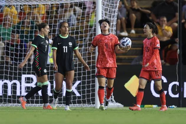 SOCCER AUSTRALIA SOUTH KOREA WOMEN, Ko Yoojin of Korea Republic reacts after her goal was ruled offside during the Women s friendly match between Australia and South Korea at McDonald Jones Stadium in Newcastle, Monday, April 7, 2025. ( NO ARCHIVING, EDITORIAL USE ONLY, NO USE IN BOOKS WITHOUT CONSENT NEWCASTLE NEW SOUTH WALES AUSTRALIA  Copyright: xMARKxEVANSx 20250407157044937888