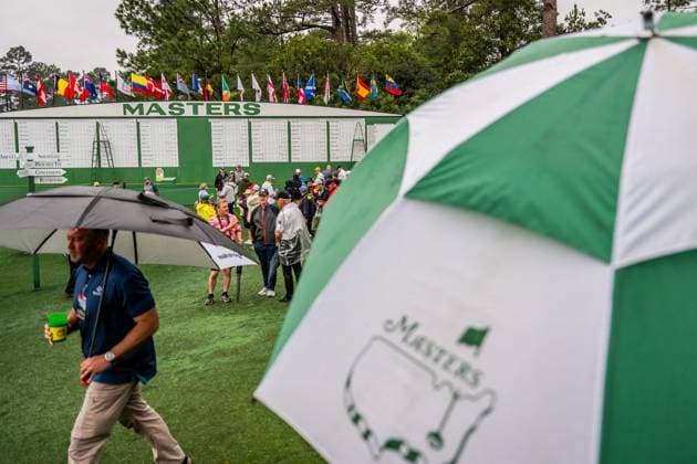 250407 A patron with a umbrella walks past the scoreboard during practice prior to the 2025 Masters Golf Tournament on April 7, 2025 in Augusta. Photo: Petter Arvidson BILDBYRAN kod PA PA1004 golf masters bbeng the masters augusta publik regn Copyright: PETTERxARVIDSON BB250407PA001