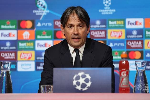 Simone Inzaghi (Inter Mailand, Chef-Trainer) bei der Pressekonferenz, GER, Internationale Pressekonferenz, Inter Mailand, Fussball, UEFA Champions League, Viertelfinale Hinspiel, Saison 2024 2025, 07.04.2025, GER, Internationale Pressekonferenz, Inter Mailand, Fussball, UEFA Champions League, Viertelfinale Hinspiel, Saison 2024 2025, 07.04.2025 Muenchen Copyright: xEibner-Pressefoto JennixMaulx EP_JML