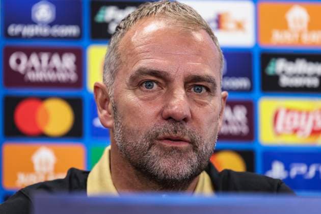 Sport Themen der Woche KW15 Sport Bilder des Tages April 8, 2025, Sant Joan Despi, Barcelona, SPAIN: Hansi Flick, head coach of FC Barcelona, Barca attends his press conference, PK, Pressekonferenz during the training day of FC Barcelona ahead the UEFA Champions League, football match against Borussia Dortmund at Ciudad Esportiva Joan Gamper on April 08, 2025 in Sant Joan Despi, Barcelona, Spain. Sant Joan Despi SPAIN - ZUMAa181 20250408_zaa_a181_052 Copyright: xJavierxBorregox