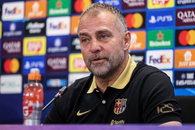April 8, 2025, Sant Joan Despi, Barcelona, SPAIN: Hansi Flick, head coach of FC Barcelona, Barca attends his press conference, PK, Pressekonferenz during the training day of FC Barcelona ahead the UEFA Champions League, football match against Borussia Dortmund at Ciudad Esportiva Joan Gamper on April 08, 2025 in Sant Joan Despi, Barcelona, Spain. Sant Joan Despi SPAIN - ZUMAa181 20250408_zaa_a181_050 Copyright: xJavierxBorregox