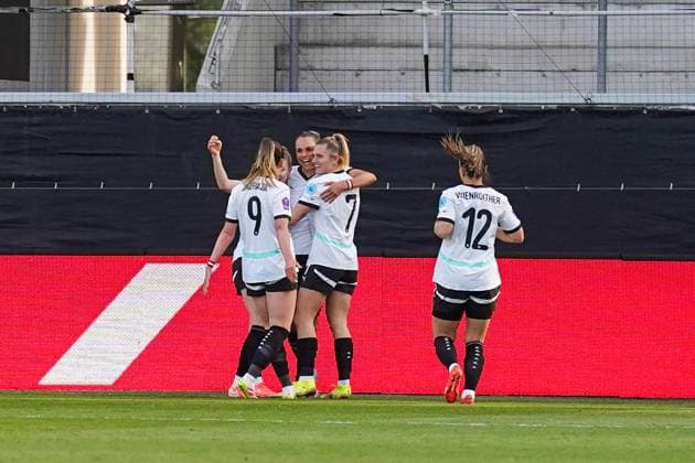 UEFA Women s Nations League 2024 2025, Liga A, Gruppe 1 - 08.04.2025, Spieltag 4 - Österreich vs. Niederlande - CASHPOINT Arena (Altach, Österreich); Österreich jubelt nach dem Tor zum 1:0 Copyright: xLukaxKolanovicx