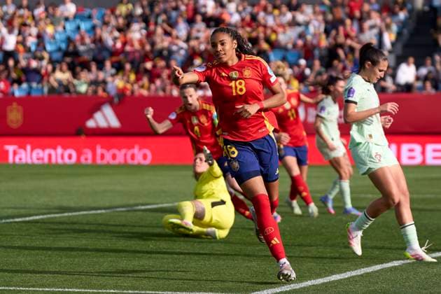 Spain v Portugal - UEFA Women s Nations League 2024 25 Grp A3 MD4 Salma Paralluelo of Spain celebrates after scoring her team s first goal during the Women s Nations League Group A3 match between Spain and Portugal at Estadio Abanca Balaidos in Vigo, Spain, on April 8, 2025. Vigo Spain  Copyright: xJosexManuelxAlvarezxReyx originalFilename:alvarezrey-spainvsp250408_npoli.jpg