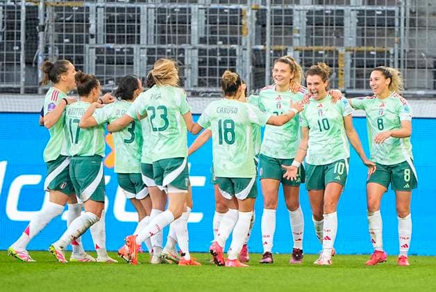 UEFA Women s Nations League: Denmark - Italy Italy s players celebrate the third goal scored by Cristiana Girelli during the UEFA Women s Nations League match between Denmark and Italy at MCH Arena in Herning on Tuesday, April 8, 2025. (Photo: Bo Amstrup Scanpix 2025) , Herning Denmark Copyright: BoxAmstrupx spdk20250408-194401-L