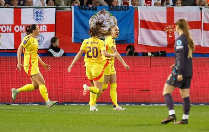 Sarah Wijnants of Belgium celebrates scoring a goal to make the score 1-0 Belgium Women v England Women, UEFA Women s Nations League - League A - Group 3, Football, The King Power At Den Dreef Stadium, Leuven, Belgium - 08 Apr 2025 EDITORIAL USE ONLY No use with unauthorised audio, video, data, fixture lists, club league logos or live services. Online in-match use limited to 120 images, no video emulation. No use in betting, games or single club league player publications. Copyright: xVandenxWijngaert Shutterstockx 15243592q