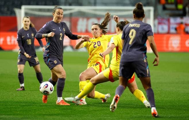 Lucy Bronze of England and Marie Detruyer of Belgium in action Belgium Women v England Women, UEFA Women s Nations League - League A - Group 3, Football, The King Power At Den Dreef Stadium, Leuven, Belgium - 08 Apr 2025 EDITORIAL USE ONLY No use with unauthorised audio, video, data, fixture lists, club league logos or live services. Online in-match use limited to 120 images, no video emulation. No use in betting, games or single club league player publications. Copyright: xVandenxWijngaert Shutterstockx 15243592s
