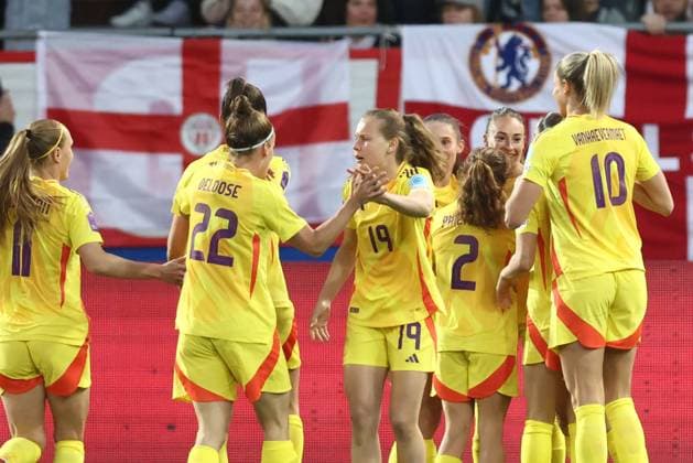 Belgium s Tessa Wullaert celebrates after scoring during a soccer game between the national teams of Belgium (Red Flames) and England, on the fourth matchday in group A3 of the 2024-25 Women s Nations League competition, on Tuesday 08 April 2025 in Heverlee, Leuven. BRUNOxFAHY  x120285831x
