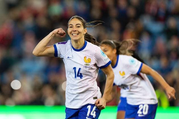 Oslo, Norway, April 8th 2025: Clara Mateo (14 France) celebrates after scoring 2-0 at the UEFA Womens Nations League Group A2 football match between Norway and France at Ullevaal Stadium in Oslo, Norway. (Ane Frosaker SPP) Copyright: xAnexFrosakerx xSPPx spp-en-AnFrSp-_80A9374