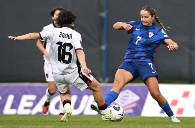 Croatia v Albania - UEFA Women s Nations League 2024 25 Grp B4 MD4 ZAGREB, CROATIA - APRIL 8: Croatia s Bianca Rose Galic is challenged by Albania s Zarka Ilirja during the UEFA Women s Nations League 2024 25 Grp B4 MD4 match between Croatia and Albania at SC Rudes on April 8, 2025 in Zagreb, Croatia.  MarkoxLukunic PIXSELL