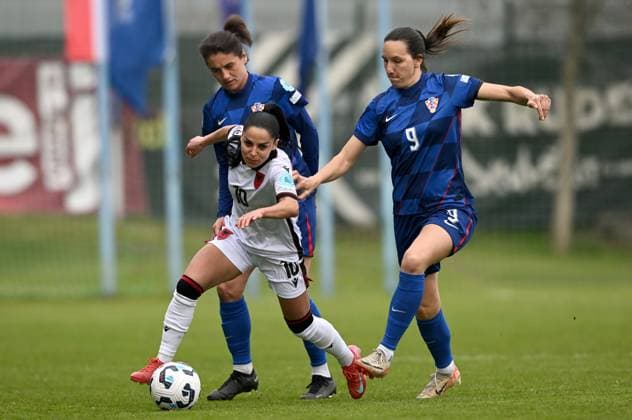 Croatia v Albania - UEFA Women s Nations League 2024 25 Grp B4 MD4 ZAGREB, CROATIA - APRIL 8: Albania s Qendresa Krasniqi is challenged by Croatia s Ivana Rudelic during the UEFA Women s Nations League 2024 25 Grp B4 MD4 match between Croatia and Albania at SC Rudes on April 8, 2025 in Zagreb, Croatia.  MarkoxLukunic PIXSELL