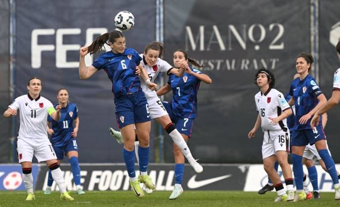 Croatia v Albania - UEFA Women s Nations League 2024 25 Grp B4 MD4 ZAGREB, CROATIA - APRIL 8: Croatia s Tea Vracevic and Albania s Arbiona Bajraktari compete for a ball during the UEFA Women s Nations League 2024 25 Grp B4 MD4 match between Croatia and Albania at SC Rudes on April 8, 2025 in Zagreb, Croatia.  MarkoxLukunic PIXSELL