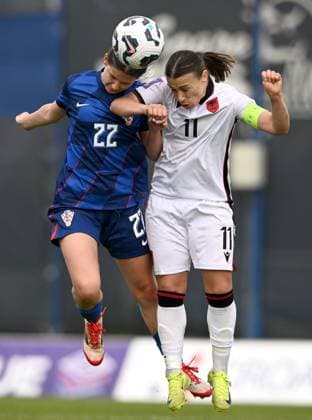 Croatia v Albania - UEFA Women s Nations League 2024 25 Grp B4 MD4 ZAGREB, CROATIA - APRIL 8: Croatia s Ana Jakobasic and Albania s Megi Doci compete for a ball during the UEFA Women s Nations League 2024 25 Grp B4 MD4 match between Croatia and Albania at SC Rudes on April 8, 2025 in Zagreb, Croatia.  MarkoxLukunic PIXSELL