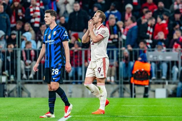 08.04.2025, FC Bayern München vs. Inter Mailand, UEFA Champions League, Viertelfinale-Hinspiel Harry Kane (FC Bayern Muenchen, 9) unzufrieden unglücklich nach einer vergebenen Torchance Copyright: xBahhoxKarax