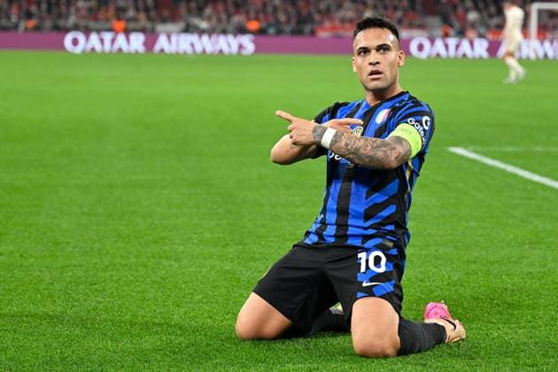 Muenchen, Allianz Arena, 08.04.25, GER, Herren, UEFA Champions League, Saison 2024-2025, Viertelfinale, FC Bayern Muenchen - Inter Mailand Bild: Lautaro MARTINEZ (Inter) jubelt nach seinem Tor zum 0:1 UEFA regulations prohibit any use of photographs as image sequences and or quasi-video. Bayern Deutschland