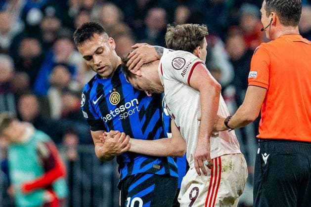 08.04.2025, FC Bayern München vs. Inter Mailand, UEFA Champions League, Viertelfinale-Hinspiel Harry Kane (FC Bayern Muenchen, 9) Lautaro Martinez (Inter Mailand, 10) Copyright: xBahhoxKarax