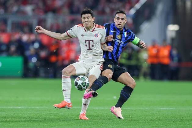Fußball Champions League Viertelfinale FC Bayern München - Inter Mailand am 08.04.2025 in der Allianz Arena in München Minjae Kim Min-jae Kim ( München ), links - Lautaro Martinez ( Mailand ), rechts