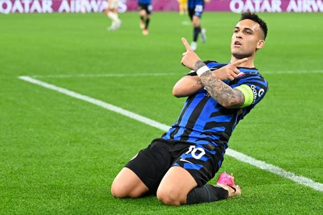Muenchen, Allianz Arena, 08.04.25, GER, Herren, UEFA Champions League, Saison 2024-2025, Viertelfinale, FC Bayern Muenchen - Inter Mailand Bild: Lautaro MARTINEZ (Inter) jubelt nach seinem Tor zum 0:1 UEFA regulations prohibit any use of photographs as image sequences and or quasi-video. Bayern Deutschland