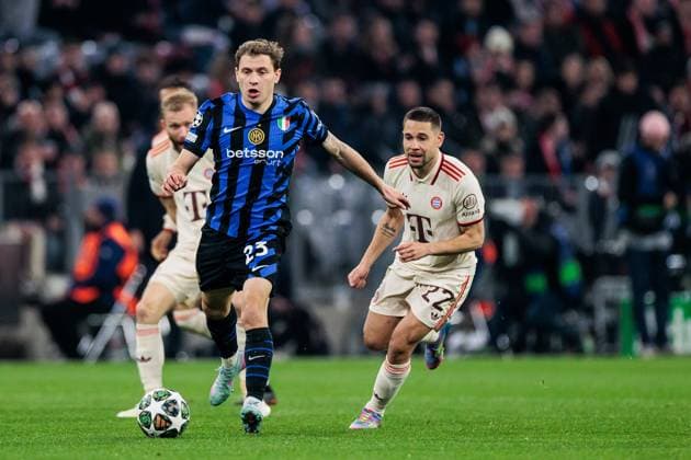 UEFA Champions League Viertelfinale: FC Bayern München - Inter Mailand; 08.04.2025 Zweikampf Nicolo Barella (Inter Mailand, 23), Raphael Guerreiro (FC Bayern München, 22) UEFA Champions League Viertelfinale: FC Bayern München - Inter Mailand, München, Allianz Arena am 08.04.2025 Copyright: xBEAUTIFULxSPORTS Wunderlx