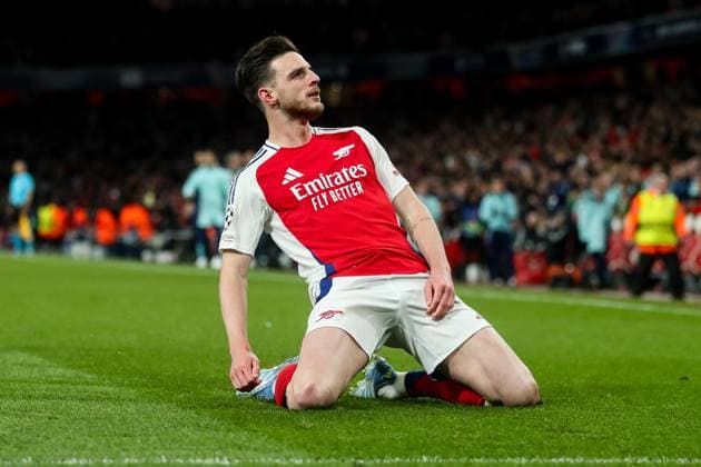 UEFA Champions League Quarter-finals Arsenal v Real Madrid Declan Rice of Arsenal celebrates his goal to make it 1-0 during the UEFA Champions League Quarter-finals match Arsenal vs Real Madrid at Emirates Stadium, London, United Kingdom, 8th April 2025 (Photo by Izzy Poles News Images) London Emirates Stadium Greater London United Kingdom Copyright: xIzzyxPoles NewsxImagesx