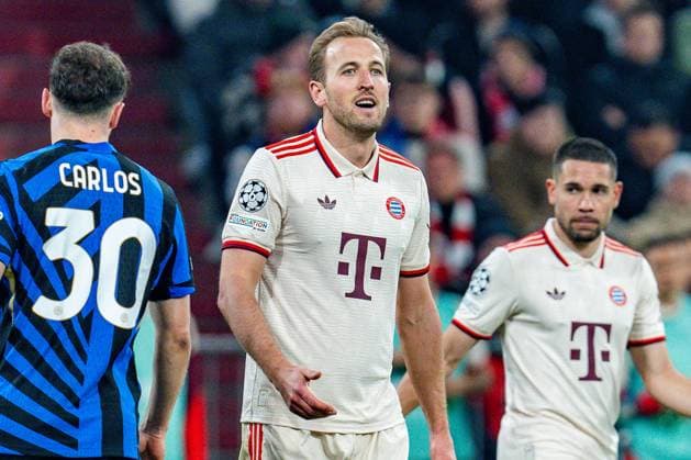 08.04.2025, FC Bayern München vs. Inter Mailand, UEFA Champions League, Viertelfinale-Hinspiel Harry Kane (FC Bayern Muenchen, 9) unzufrieden Carlos Augusto (Inter Mailand, 30) Raphael Guerreiro (FC Bayern Muenchen, 22) Copyright: xBahhoxKarax