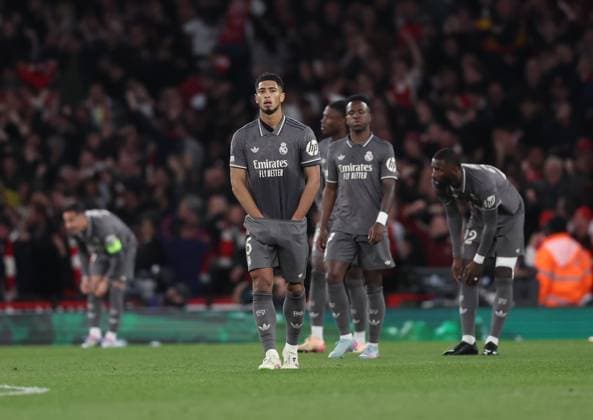 London, England, 8th April 2025. Dejected Jude Bellingham of Real Madrid during the Arsenal vs Real Madrid UEFA Champions League match at the Emirates Stadium, London. Picture credit should read: David Klein Sportimage EDITORIAL USE ONLY. No use with unauthorised audio, video, data, fixture lists, club league logos or live services. Online in-match use limited to 120 images, no video emulation. No use in betting, games or single club league player publications. SPI_076_DK_Arsenal_Real_Madrid SPI-3819-0078