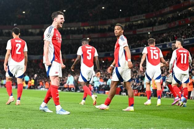 Declan Rice of Arsenal FC celebrated scoring Arsenal FC first goal in there second half during the UEFA Champions League Quarter Final match between Arsenal and Real Madrid at the Emirates Stadium, London, England on 8 April 2025. Copyright: xPhilxHutchinsonx 42970014